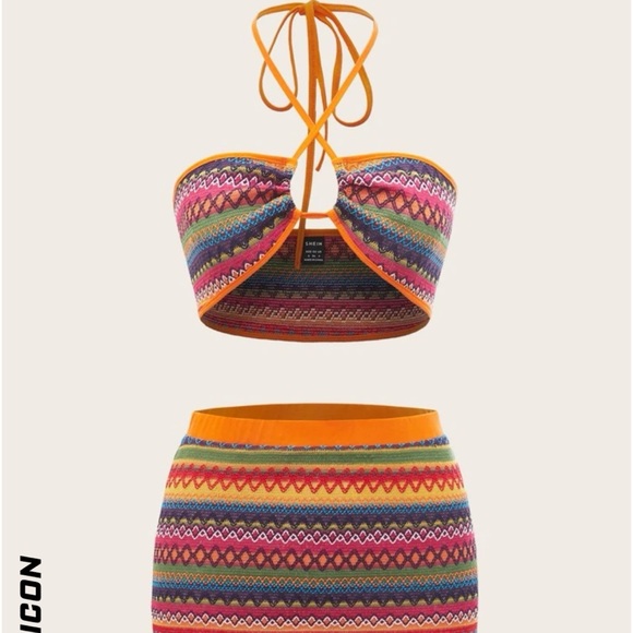 SHEIN ICON Geo Print Contrast Binding Tie Backless Crop Halter Top & Skirt. - Picture 1 of 2